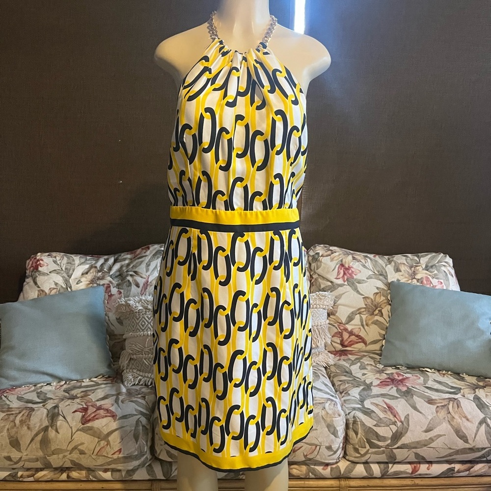 Milly 100% Silk Chain Link Halter Navy & Yellow - Picture 3 of 11